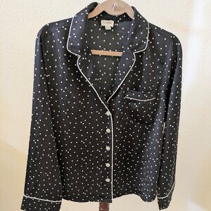 J.Crew Women's Satin Pajama Top Black with White Polka Dots Size M